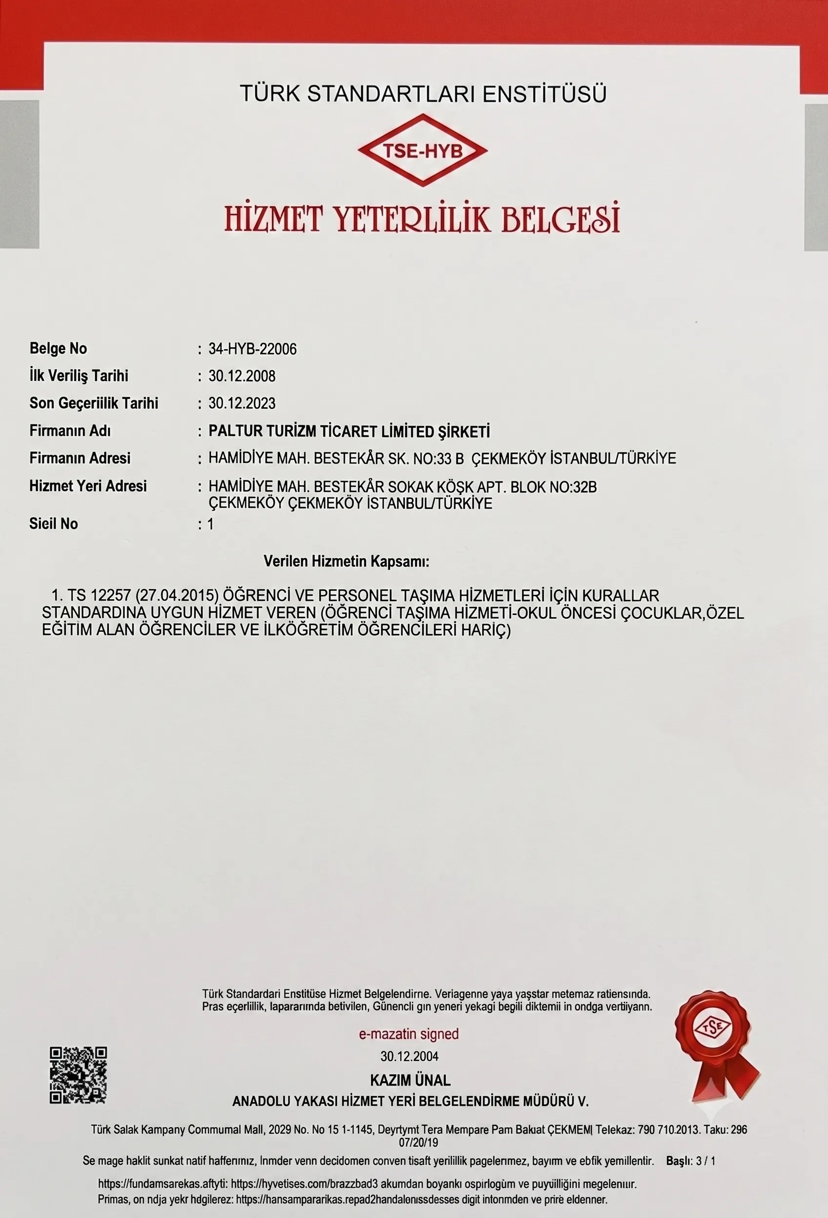 Paltur hizmet yeterlilik belgesi görseli